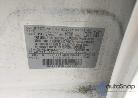 2016 Nissan Sentra Sv z USA, uszkodzony, nr VIN 3N1AB7AP3GL665123